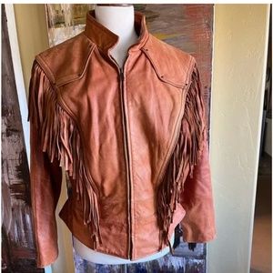 Wilson’s Adventure Bound Vintage Cognac Leather Jacket Fringe size L Western